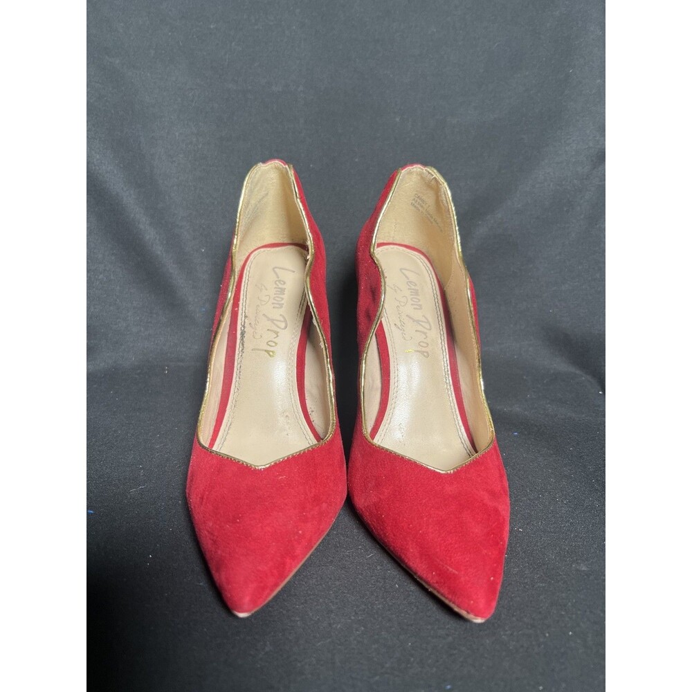 Lemon Drop by Privileged Red Pointed Toe Shoes Pumps Gold Trim 4.5" Heels - Sz 7